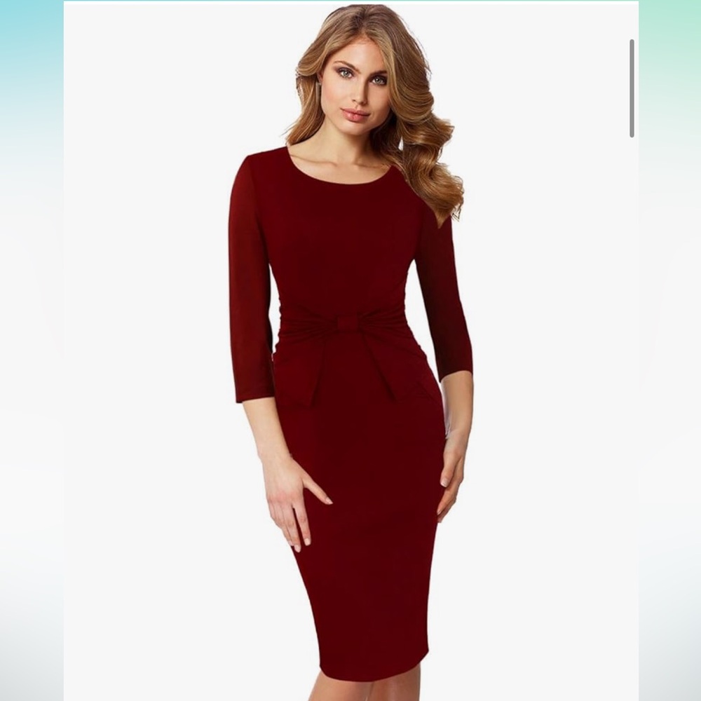 Red midi work dress with bow